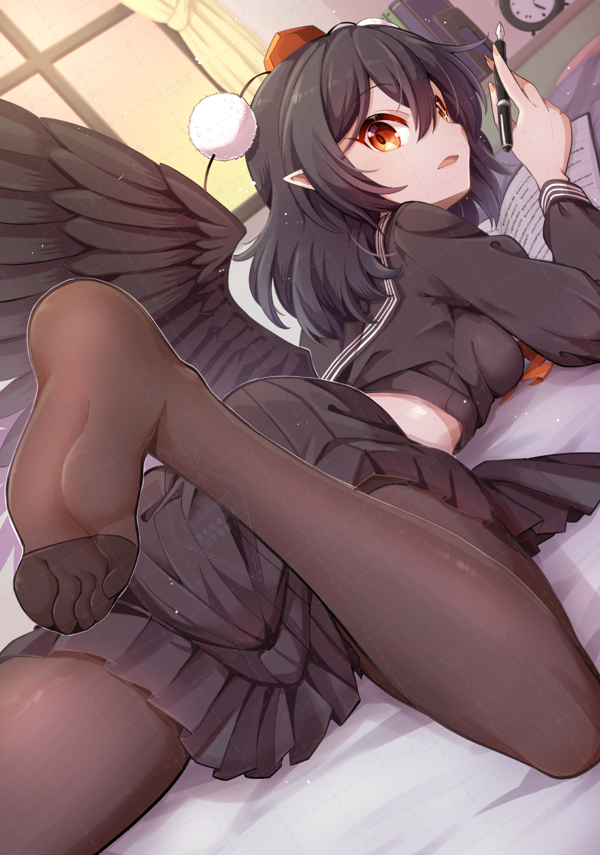 1girl alternate_costume bird_wings black_hair black_sailor_collar black_shirt black_skirt black_wings breasts brown_pantyhose commentary_request feathered_wings futa_(nabezoko) hat highres holding holding_pen long_hair long_sleeves looking_at_viewer lying nib_pen_(object) on_stomach open_mouth pantyhose pen pointy_ears pom_pom_(clothes) red_eyes red_hat sailor_collar sailor_shirt school_uniform shameimaru_aya shirt skirt solo tokin_hat touhou watermark watermark_grid wings