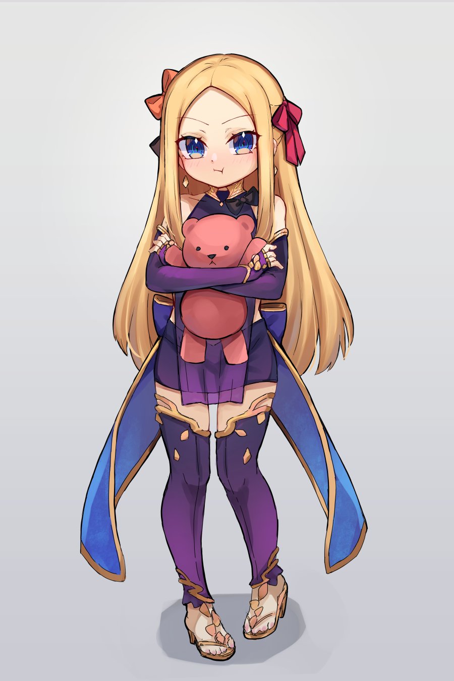 1girl abigail_williams_(fate) armlet bare_shoulders blonde_hair blue_eyes blush bracelet breasts collar cosplay detached_sleeves dress earrings fate/grand_order fate_(series) forehead full_body hair_ribbon highres jewelry kama_(fate) kama_(fate)_(cosplay) kama_(first_ascension)_(fate) long_hair looking_at_viewer metal_collar miniskirt miya_(miyaruta) parted_bangs pelvic_curtain pout purple_dress purple_skirt purple_sleeves purple_thighhighs ribbon ring sandals skirt small_breasts stuffed_animal stuffed_toy teddy_bear thighhighs thighlet