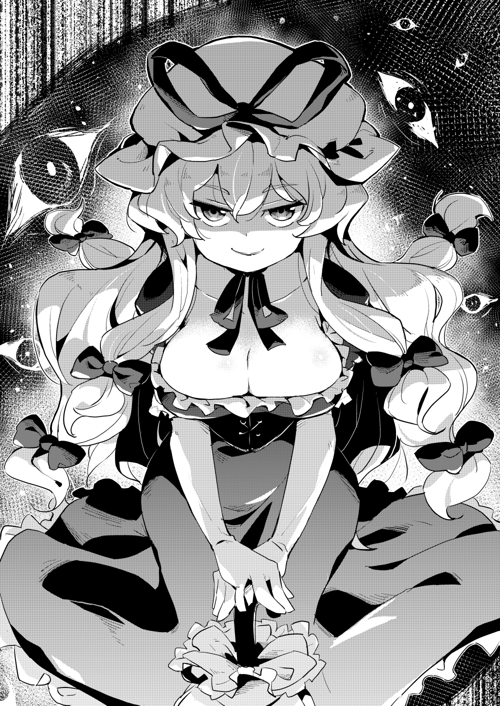 1girl blonde_hair bow breasts cleavage cleavage_cutout clothing_cutout corset dress elbow_gloves frilled_dress frills gap_(touhou) gloves greyscale hair_bow hat hat_ribbon highres large_breasts long_hair looking_at_viewer mob_cap monochrome multiple_bows neck_ribbon puffy_short_sleeves puffy_sleeves purple_dress red_ribbon ribbon short_sleeves sitting smile solo tanasuke touhou yakumo_yukari