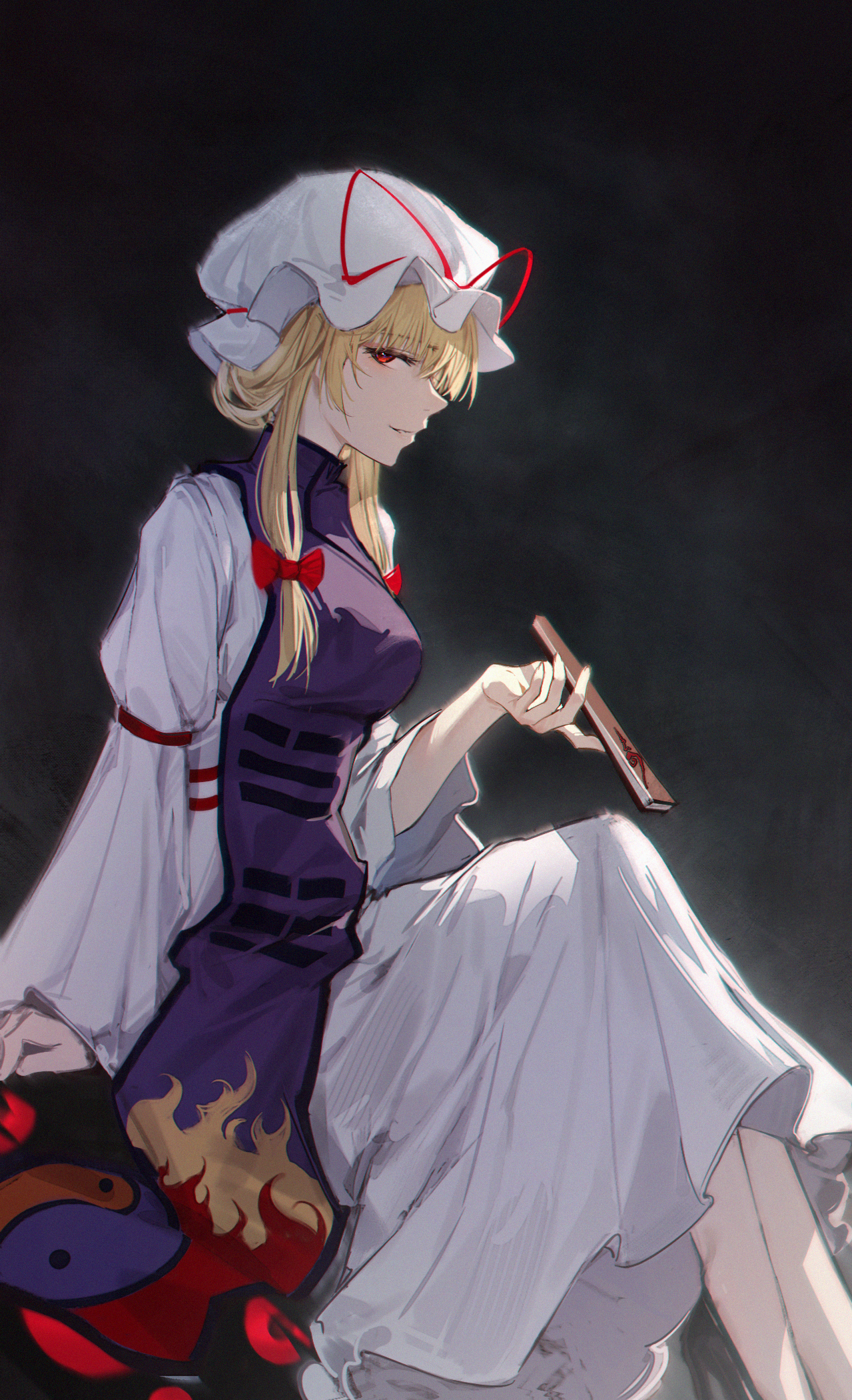 1girl arm_support black_background blonde_hair bow breasts commentary dress feet_out_of_frame flame_print folding_fan hair_bow hand_fan hat hat_ribbon highres holding holding_fan hs_(user_hvww8443) light_smile long_dress long_sleeves looking_at_viewer looking_to_the_side medium_breasts mob_cap purple_tabard red_bow red_eyes red_ribbon ribbon sidelocks sideways_glance sitting solo tabard touhou trigram white_dress white_hat yakumo_yukari yin_yang yin_yang_print