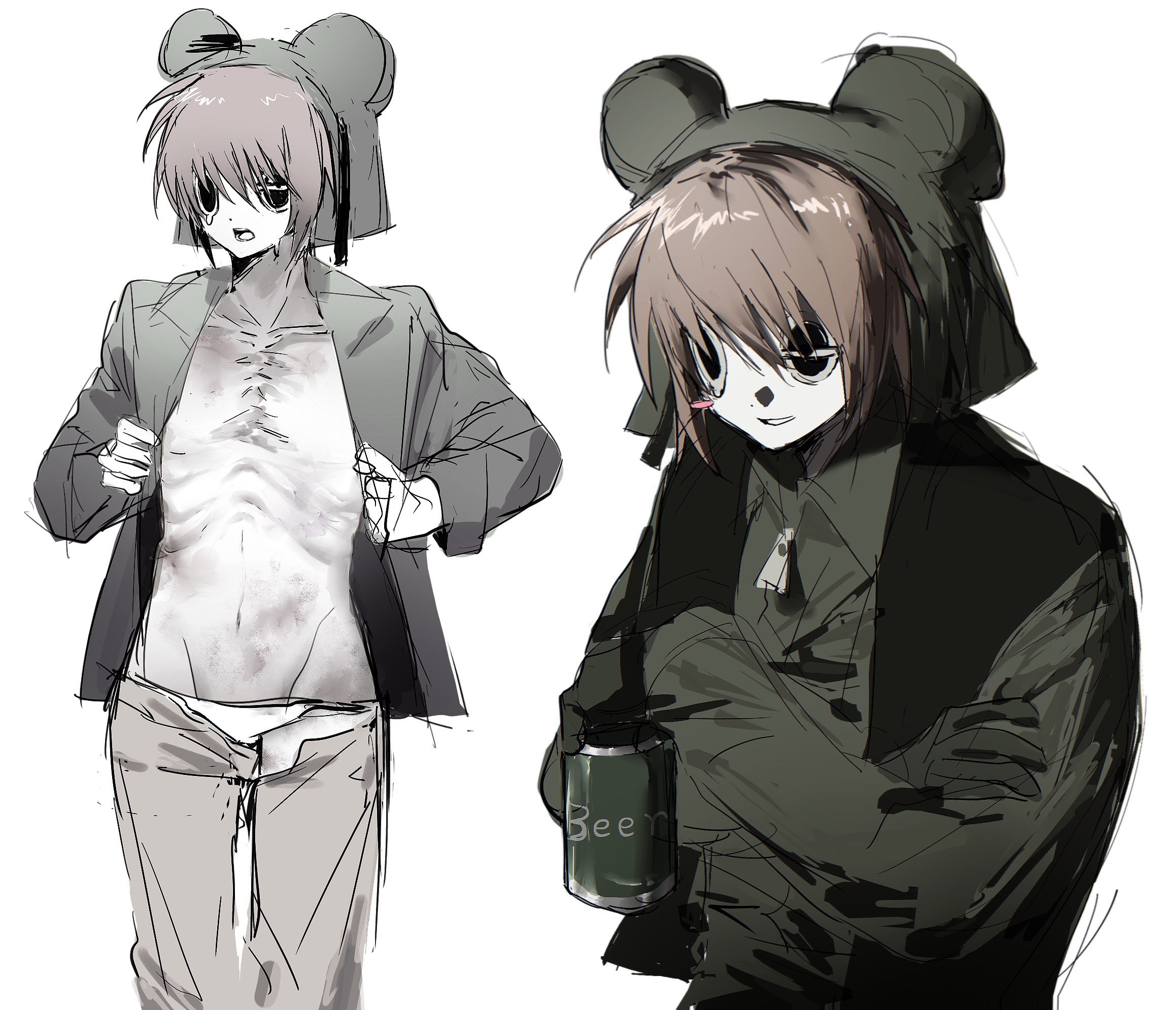 1boy animal_hat beer_can black_eyes black_vest brown_hair buzhidaoshenmexiangchangmao can chinese_commentary commentary_request drink_can emaciated green_jacket groin hat highres jacket male_focus mouse_hat multiple_views open_clothes open_jacket present_day_problem_takeuchi_robert randal's_friends ribs short_hair simple_background vest white_background
