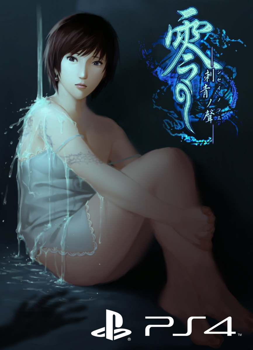 1girl bare_shoulders brown_eyes brown_hair earrings fatal_frame fatal_frame_iii:_the_tormented female_focus game_console highres jewelry kurosawa_rei looking_at_viewer oda_joe short_hair solo tattoo tecmo thighs water
