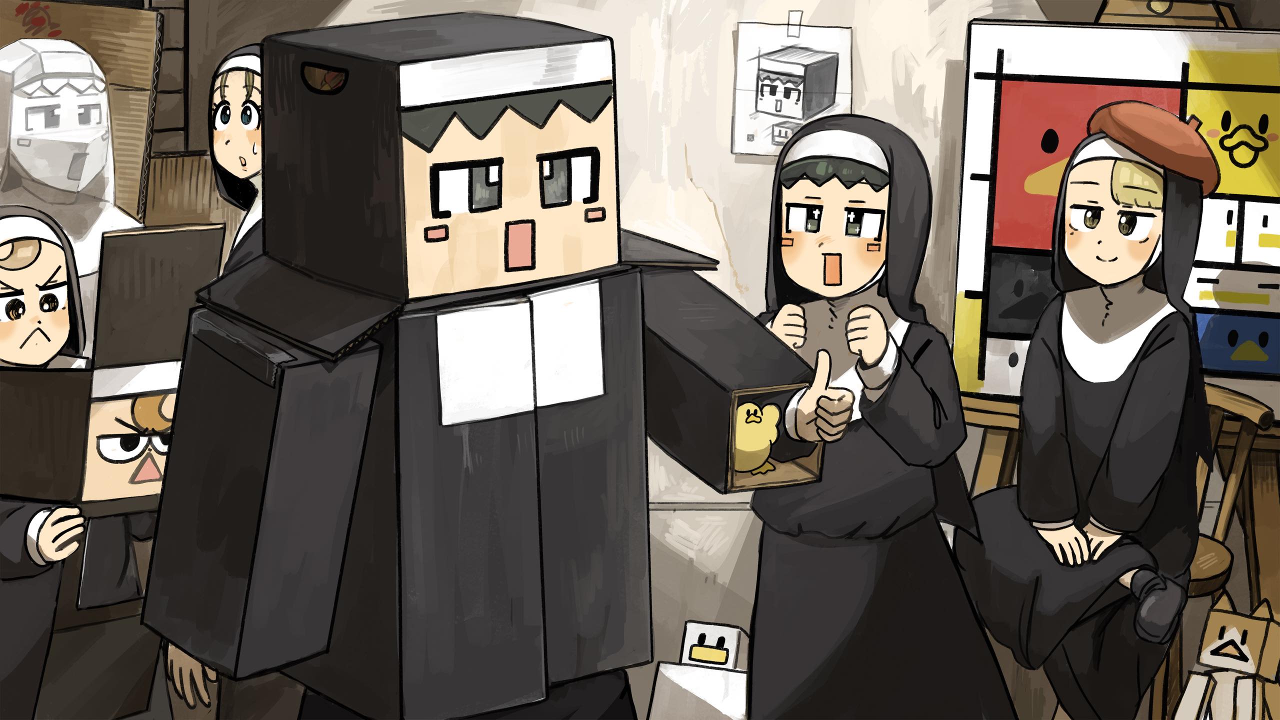 5girls :< beret bird black_hair black_shoes blonde_hair blue_eyes box brown_hair cardboard_box chair chicken commentary diva_(hyxpk) duck duckling english_commentary eyelashes_nun_(diva) froggy_nun_(diva) hat highres little_nuns_(diva) multiple_girls nun rectangular_mouth red_hat shoes sitting smile spicy_nun_(diva) square_nun_(diva) statue thumbs_up traditional_nun