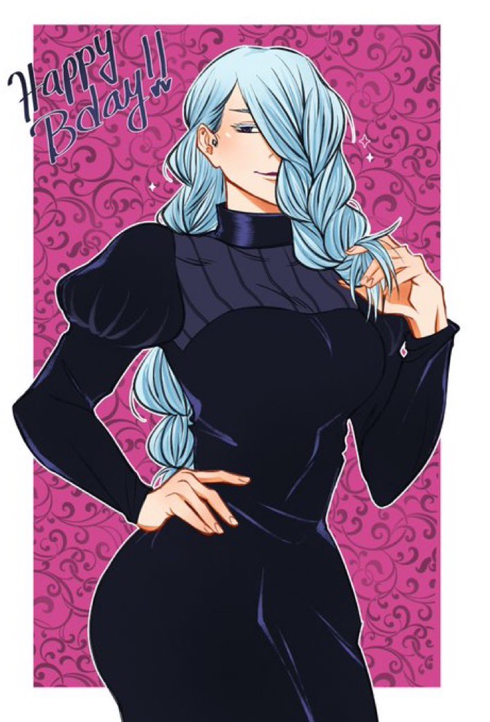 1girl artist_request birthday black_dress border braid braided_bangs braided_ponytail breasts dress hair_over_face hair_over_one_eye jujutsu_kaisen large_breasts long_hair long_sleeves looking_at_viewer mei_mei_(jujutsu_kaisen) one_eye_covered puffy_sleeves smile solo tight_clothes tight_dress turtleneck turtleneck_dress upper_body white_border white_hair