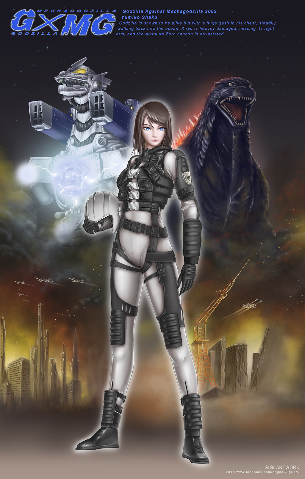 1girl ac-3_shirasagi ac-3_white_heron aircraft airplane ammunition_backpack back_unit blue_eyes building cannon chest_cannon city cryogenic_weapon cyborg destruction dinosaur directed-energy_weapon dust electricity embers energy energy_ball energy_cannon energy_weapon fighter_jet flying garuda_(godzilla) gi_gi glowing glowing_eyes godzilla godzilla_(series) godzilla_against_mechagodzilla godzilla_vs._mechagodzilla_ii helmet highres ice ice_ball jetpack kaiju kiryu_(godzilla) mecha mechagodzilla military military_uniform military_vehicle missile_launcher missile_pod movie_poster parody real_world_location robot rocket_launcher rocket_pod scar scar_on_chest skyscraper smoke style_parody tokyo_(city) tokyo_tower tower type-3_absolute_zero_cannon weapon yashiro_akane yellow_eyes