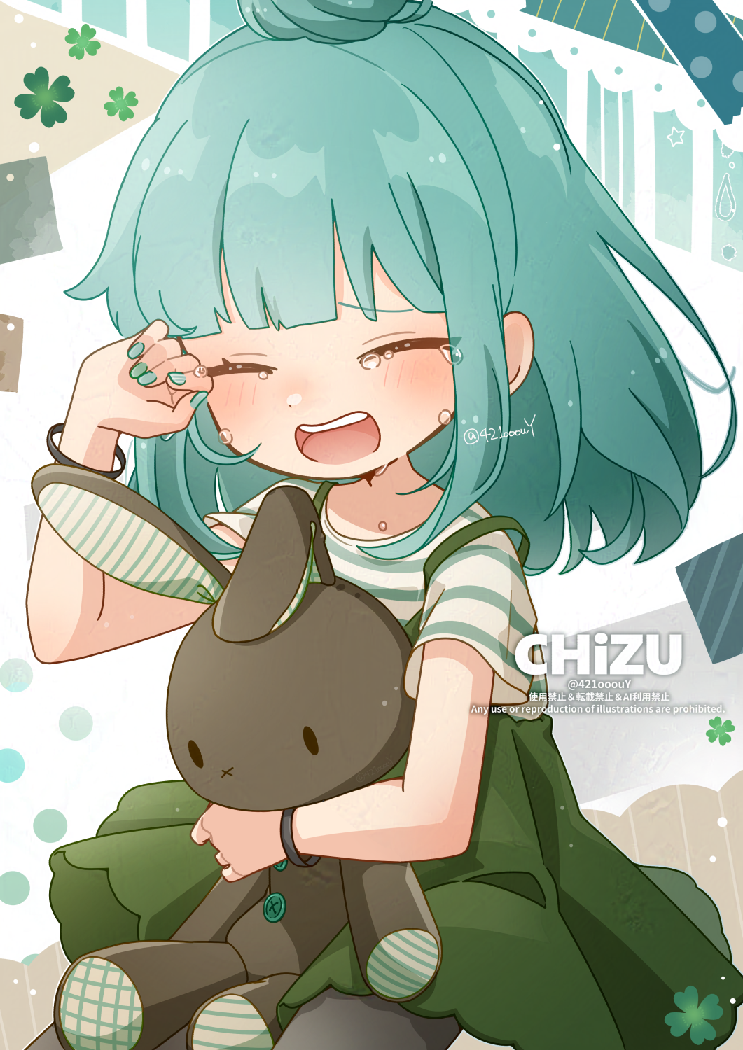 1girl 421ooouy blue_hair blush bracelet closed_eyes clover commentary_request crying four-leaf_clover hair_bun half_updo hand_up hatsune_miku hello/how_are_you_(vocaloid) highres holding holding_stuffed_toy jewelry long_hair nail_polish open_mouth rubbing_eyes shirt short_sleeves single_hair_bun skirt solo striped_clothes striped_shirt stuffed_animal stuffed_rabbit stuffed_toy suspender_skirt suspenders tears vocaloid watermark