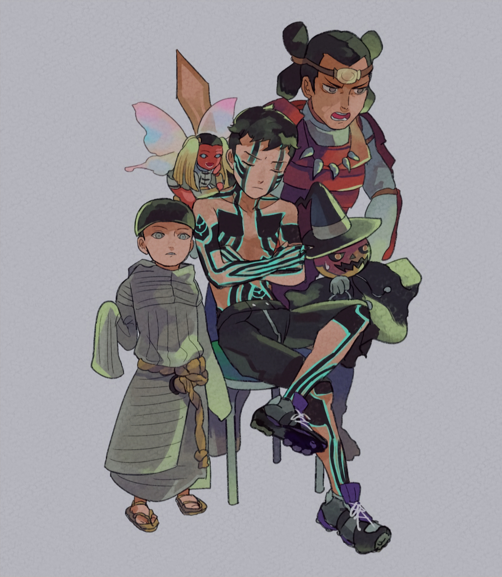1girl 1other 3boys armor black_cloak black_hair black_shorts cloak closed_eyes colored_skin crossed_arms crossed_legs demi-fiend fairy fairy_wings floating full-body_tattoo full_body grey_background hat horns hua_po_(megami_tensei) japanese_armor jewelry manikin_(megami_tensei) misosuke multicolored_hair multiple_boys necklace oversized_clothes pyro_jack red_skin sandals sarutahiko_(megami_tensei) shin_megami_tensei shin_megami_tensei_iii:_nocturne shoes shorts single_horn sitting sneakers standing sweatdrop tattoo topless_male twintails two-tone_hair wings witch_hat