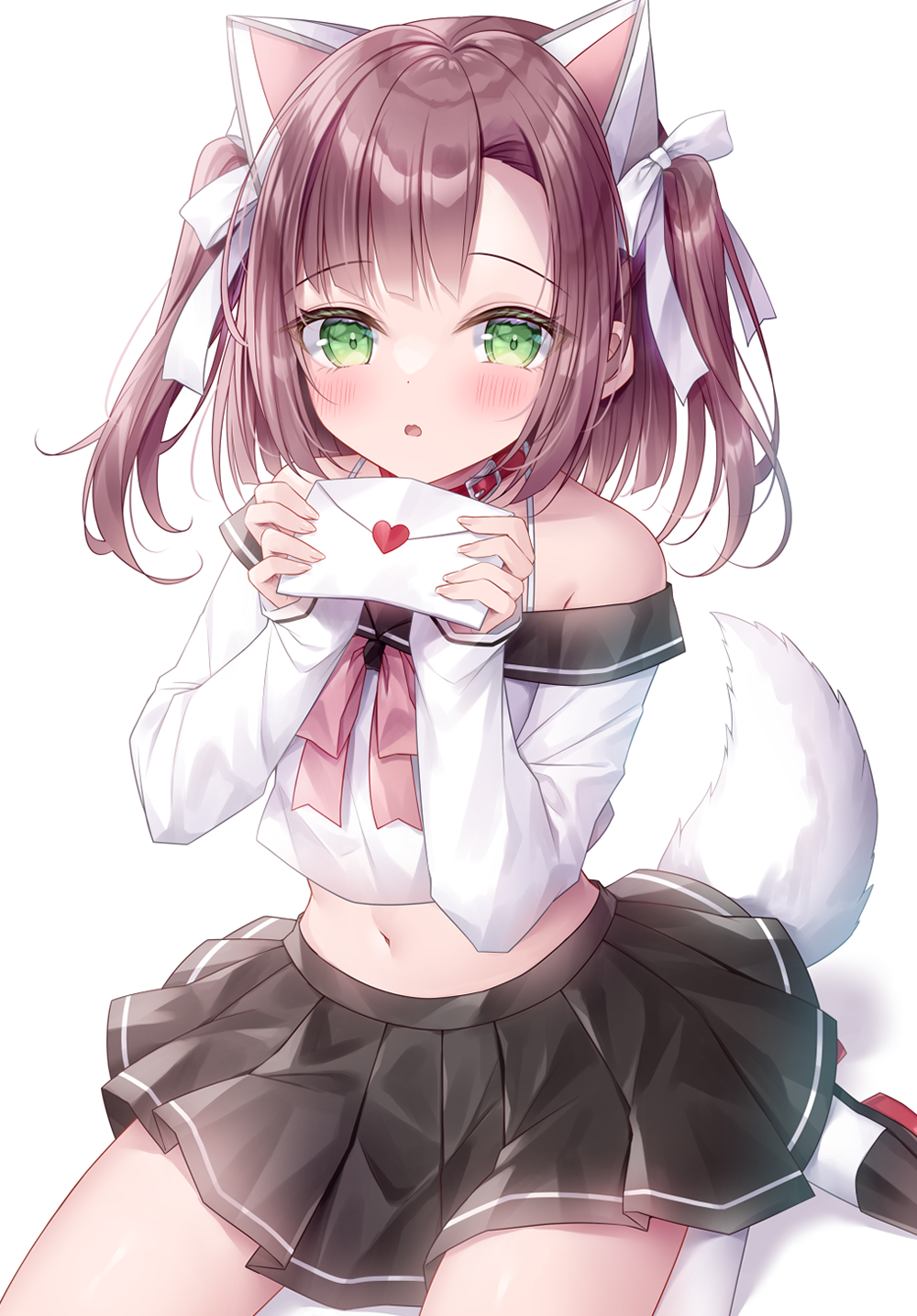 1girl animal_ears azur_lane bare_shoulders black_sailor_collar black_shoes black_skirt blush bow brown_hair collar commentary_request crop_top envelope green_eyes hair_bow hands_up heart highres holding holding_envelope kohinata_hoshimi letter long_sleeves looking_at_viewer love_letter midriff navel off-shoulder_shirt off_shoulder parted_lips pink_bow pleated_skirt red_collar sailor_collar school_uniform serafuku shadow shiratsuyu_(azur_lane) shirt shoes simple_background sitting skirt sleeves_past_wrists solo tail thighhighs two_side_up wariza white_background white_bow white_shirt white_thighhighs