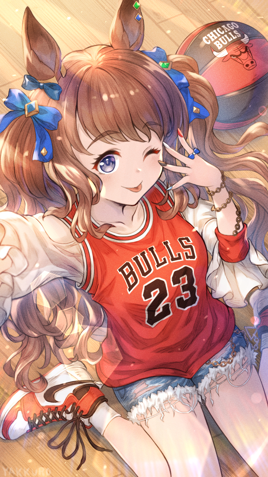 1girl animal_ears arm_up ball basketball_(object) basketball_uniform blue_eyes bow breasts brown_hair chain chain_bracelet chicago_bulls collarbone commentary_request cosplay cutoffs denim denim_shorts ear_bow ear_ornament hair_between_eyes highres horse_ears horse_girl horse_tail long_hair looking_at_viewer medium_breasts michael_jordan michael_jordan_(cosplay) multicolored_nails name_connection national_basketball_association nike_(company) one_eye_closed partial_commentary shadow shirt shoes short_shorts shorts sidelocks sitting smile sneakers solo sportswear tail tongue tongue_out tosen_jordan_(umamusume) twintails umamusume wariza white_shirt yakkuro