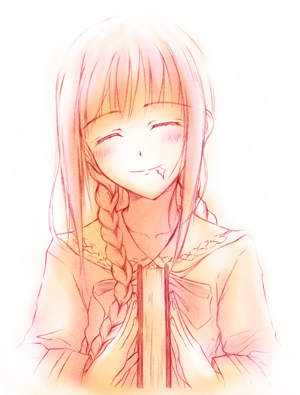 1girl amano_tooko blush book braid bungaku_shoujo closed_eyes female_focus long_hair mouth_hold smile solo takatsuki_akira twin_braids