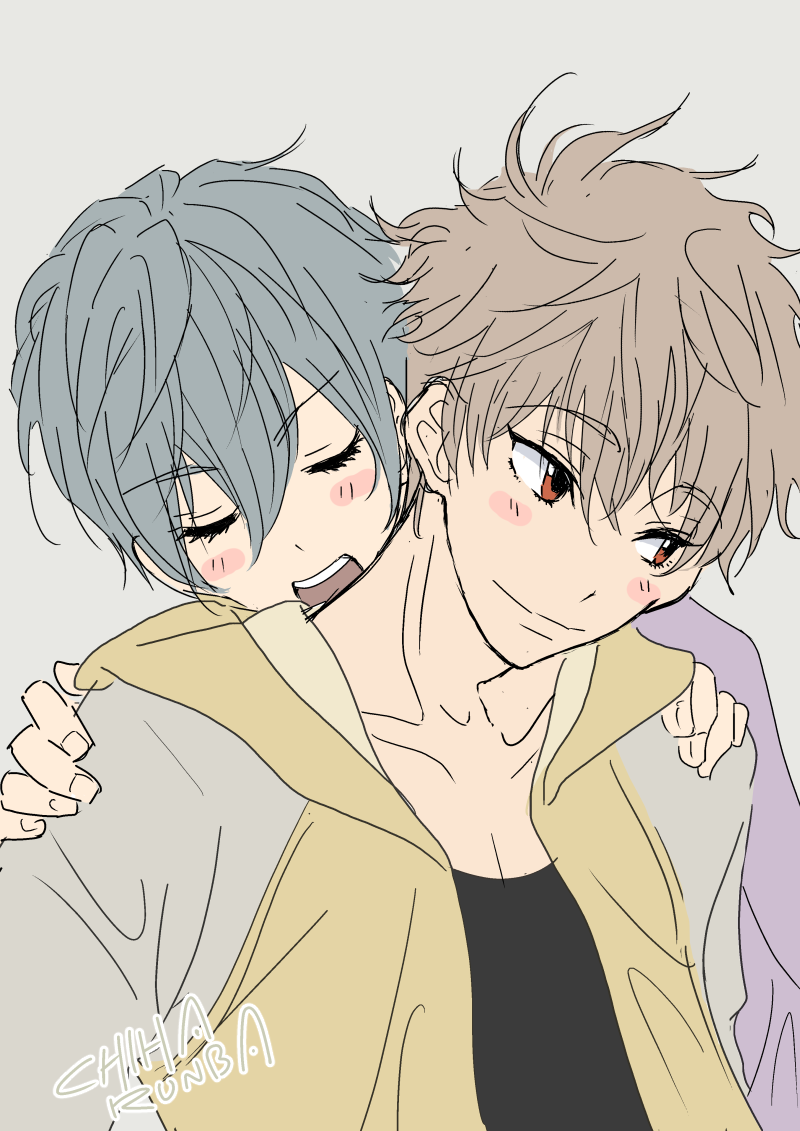 2boys artist_name blush brothers brown_hair chiha_runba closed_eyes green_hair high_speed! kirishima_ikuya kirishima_natsuya male_focus multiple_boys red_eyes short_hair simple_background smile