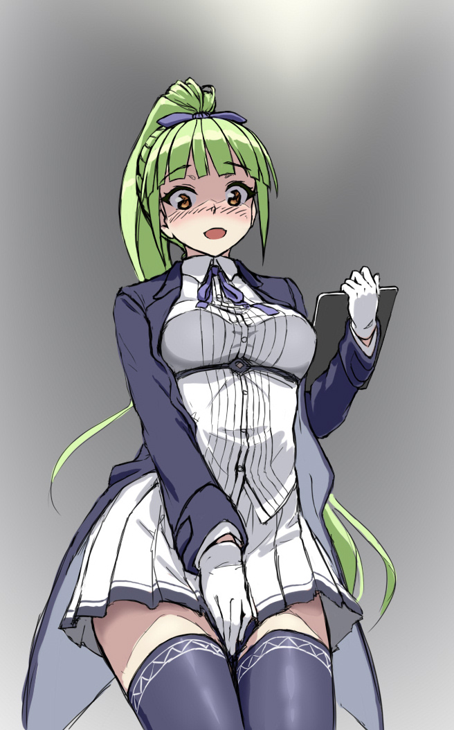 1girl azur_lane black_thighhighs blouse blush bow breasts brown_eyes clipboard collared_shirt commentary_request danbora female_focus from_below gloves green_hair hair_bow long_hair long_sleeves looking_at_viewer medium_breasts open_mouth ponytail ribbon shaded_face shirt shropshire_(azur_lane) skirt smile solo thighhighs very_long_hair white_gloves white_shirt