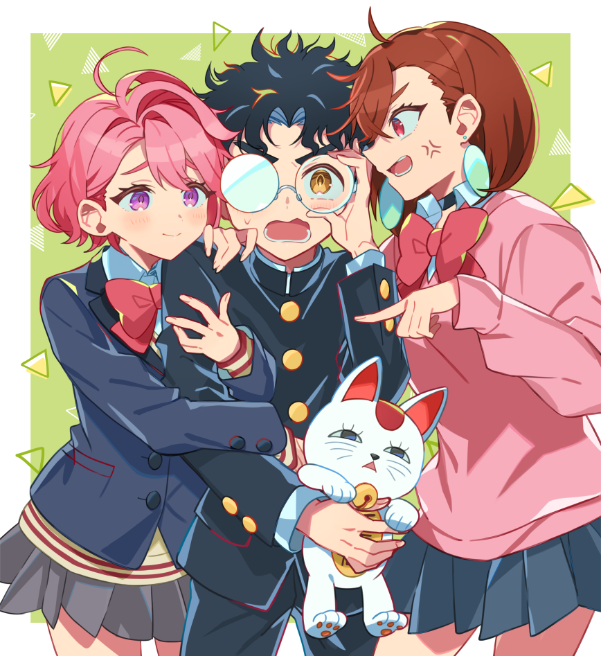 1boy 2girls arm_hug ayase_momo black_hair brown_hair creature dandadan girl_sandwich glasses hetero kanyoko_(yuzukano_17) multiple_girls open_mouth pink_hair pointing pointing_at_another purple_eyes round_eyewear sandwiched shiratori_aira_(dandadan) takakura_ken_(dandadan) turbo_granny_(dandandan)