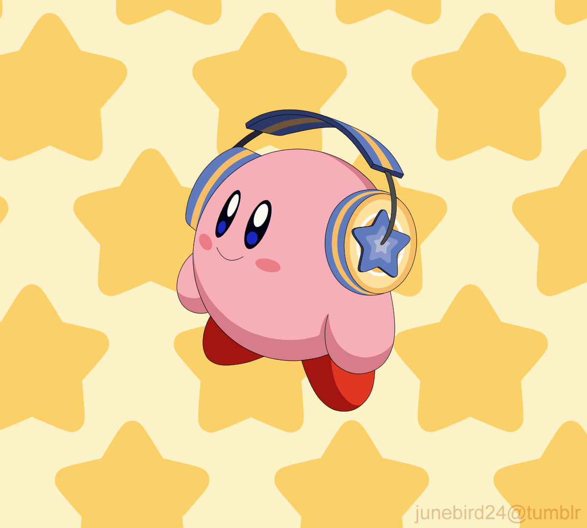 animated animated_gif blush_stickers colored_skin derivative_work headphones junebird24 kirby kirby_(series) kirby_64 nintendo no_humans pink_skin smile solo star_(symbol) tumblr_username yellow_theme