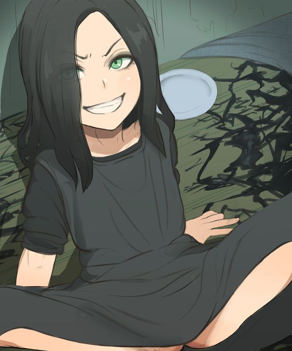 1girl 4066 black_dress black_hair capcom cum cum_on_body dress eveline eyes_visible_through_hair facial female_focus green_eyes grin hair_over_one_eye happy_facial long_hair looking_at_viewer no_panties resident_evil resident_evil_7:_biohazard sitting sleeves_rolled_up smile solo spread_legs table tagme teeth thighhighs
