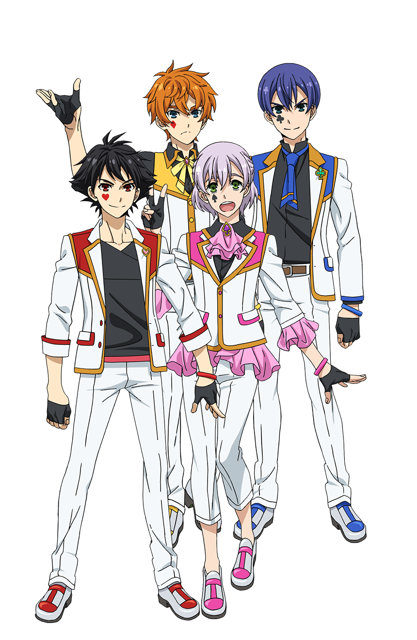 4boys :d ascot black_gloves black_hair black_shirt blue_eyes blue_hair club_(shape) club_facial_mark collared_shirt diamond_(shape) diamond_facial_mark facial_mark fingerless_gloves full_body gloves gotanda_kokoro green_eyes grey_hair hand_up highres jacket kanda_mitsuba king_of_prism king_of_prism:_shiny_seven_stars long_sleeves looking_at_viewer male_focus multiple_boys neck_ribbon official_art okachimachi_tsurugi open_mouth orange_hair pants pink_ascot playing_card_theme pretty_rhythm pretty_series red_eyes ribbon second-party_source shirt shoes short_hair smile spade_(shape) spade_facial_mark standing transparent_background uguisudani_mondo v white_footwear white_jacket white_pants