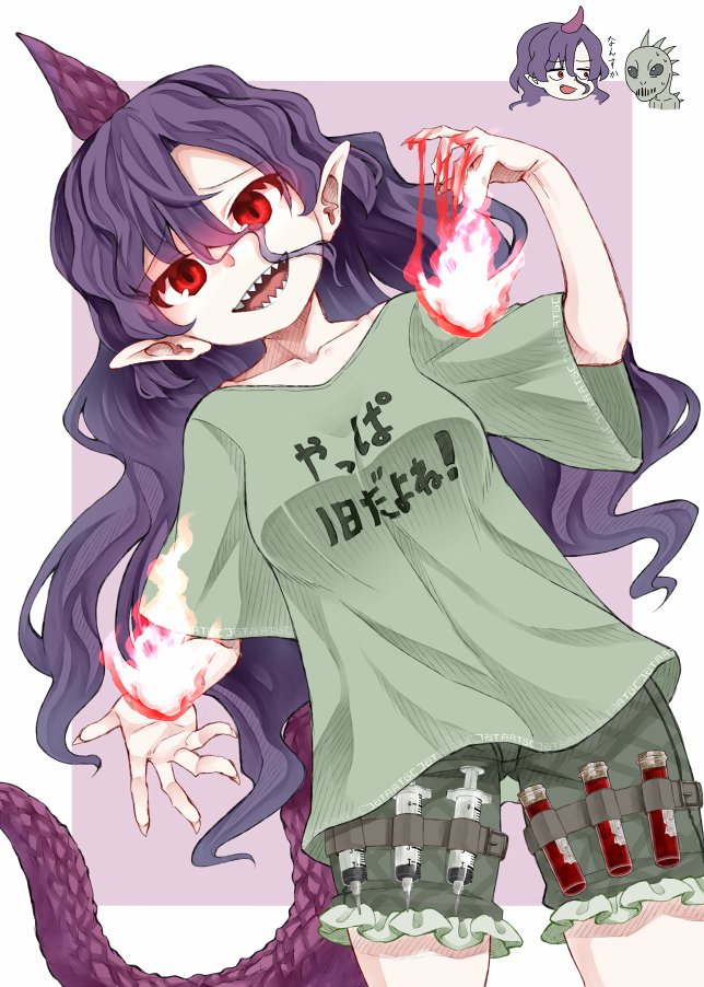 1girl 1other chupacabra fingernails fire green_shirt green_shorts horns long_fingernails long_hair multiple_views open_mouth purple_hair purple_horns red_eyes sharp_fingernails sharp_teeth shirt short_sleeves shorts single_horn smile syringe tail teeth tenkajin_chiyari test_tube touhou zetsumame