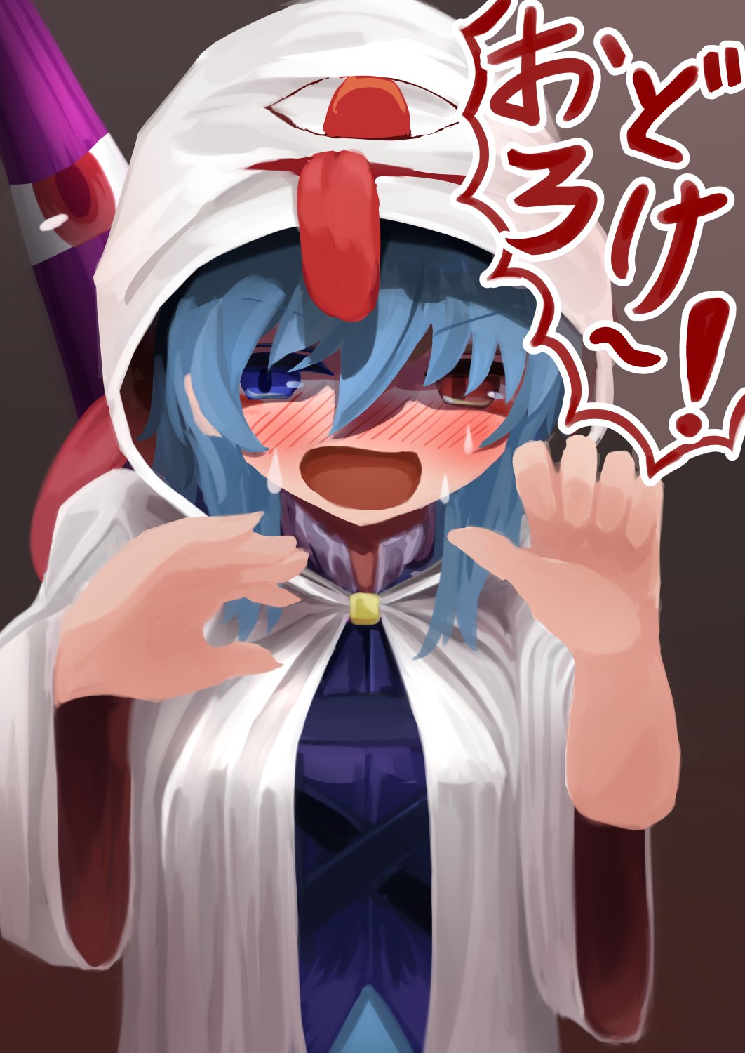 1girl :d blue_eyes blue_hair blush commentary_request garakuraku ghost_costume gradient_background grey_background hair_between_eyes heterochromia highres hood hood_up karakasa_obake long_bangs looking_at_viewer medium_hair nose_blush open_mouth purple_shirt red_eyes shirt smile solo sweat tatara_kogasa tongue tongue_out touhou translation_request umbrella upper_body