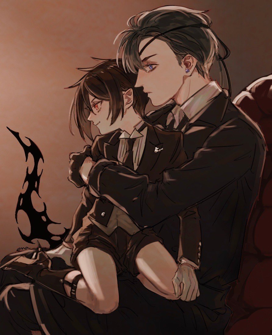 2boys age_switch aged_down aged_up black_hair child ciel_phantomhive demon_boy earrings ena33333333 eyelashes gloves hair_between_eyes jewelry kuroshitsuji male_focus multiple_boys pale_skin red_eyes sebastian_michaelis shirt short_hair