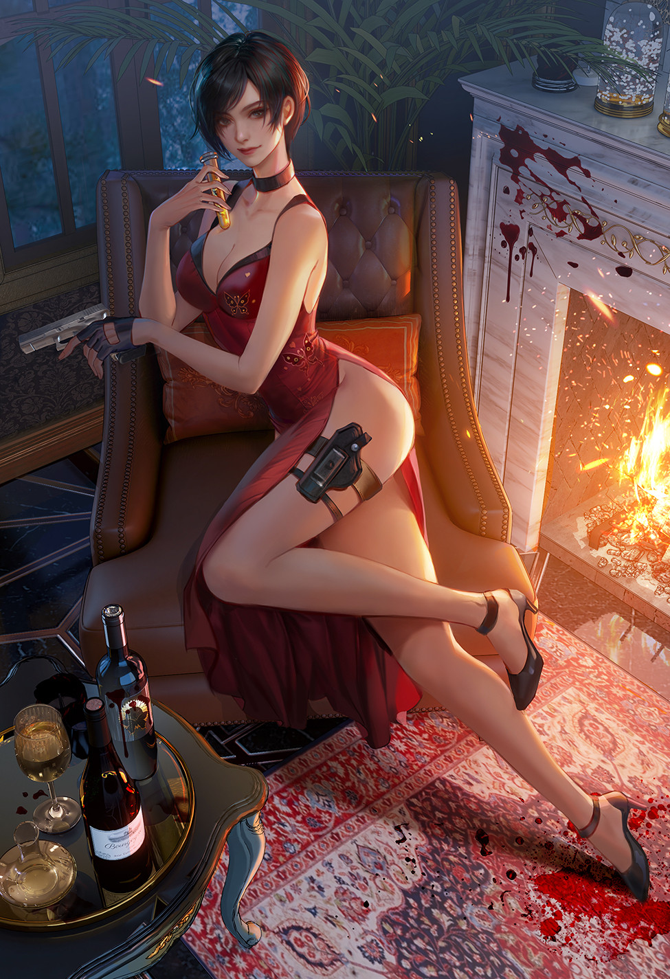 1girl ada_wong alcohol black_hair blood bottle breasts brown_eyes choker cleavage commentary cup dress drinking_glass embers english_commentary fan_yang_(jiuge) fireplace gun handgun high_heels highres holding holding_gun holding_vial holding_weapon holster large_breasts looking_at_viewer parted_bangs red_dress resident_evil resident_evil_4 resident_evil_4_(remake) short_hair side_slit smile solo thigh_holster vial weapon window wine_bottle wine_glass
