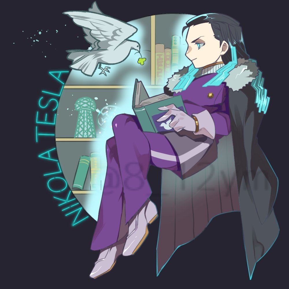 1boy 1natsu_(8_12ym) bird black_cape blue_background blue_eyes book bookshelf bracelet cape character_name closed_mouth commentary dove fate/grand_order fate_(series) full_body gloves gradient_hair holding holding_book jewelry male_focus multicolored_hair nikola_tesla_(fate) open_book pants purple_pants purple_shirt shirt smile solo symbol-only_commentary twitter_username white_footwear white_gloves