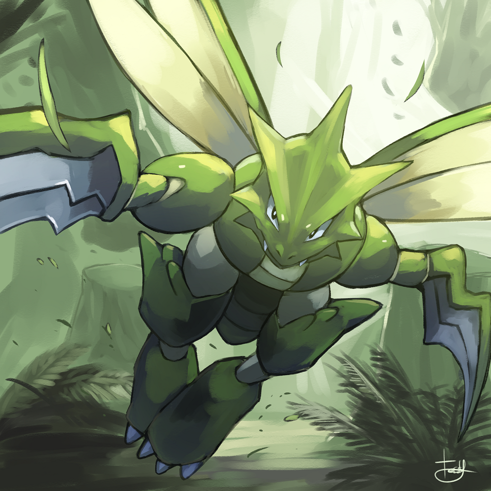 black_eyes blade_of_grass bright_pupils claws closed_mouth commentary_request fangs flying full_body gen_1_pokemon looking_at_viewer nintendo no_humans nostrils outdoors plant pokemon pokemon_(creature) scyther signature solo tesshii_(riza4828) white_pupils