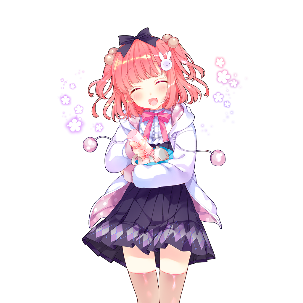 1boy black_ribbon black_skirt cat closed_eyes crossdressing hair_ornament hair_ribbon high-waist_skirt jerry_lemon male_focus medium_hair miniskirt moriyama_shijimi open_mouth pink_eyes pink_hair pink_ribbon rabbit_hair_ornament ribbon simple_background skirt trap uchi_no_hime-sama_ga_ichiban_kawaii white_background