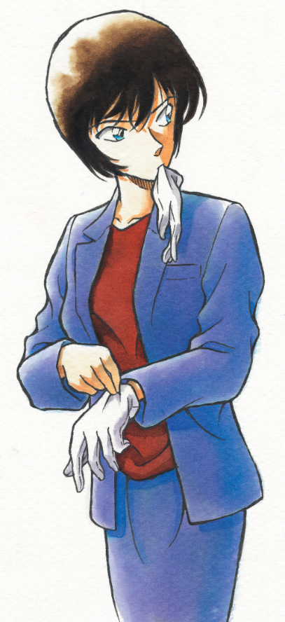 1girl aoyama_goushou black_hair blue_eyes blue_jacket blue_skirt cowboy_shot facing_to_the_side glove_in_mouth gloves jacket long_sleeves looking_to_the_side meitantei_conan mouth_hold official_art open_clothes open_jacket pencil_skirt putting_on_gloves red_shirt satou_miwako shirt short_hair simple_background skirt solo standing white_background white_gloves