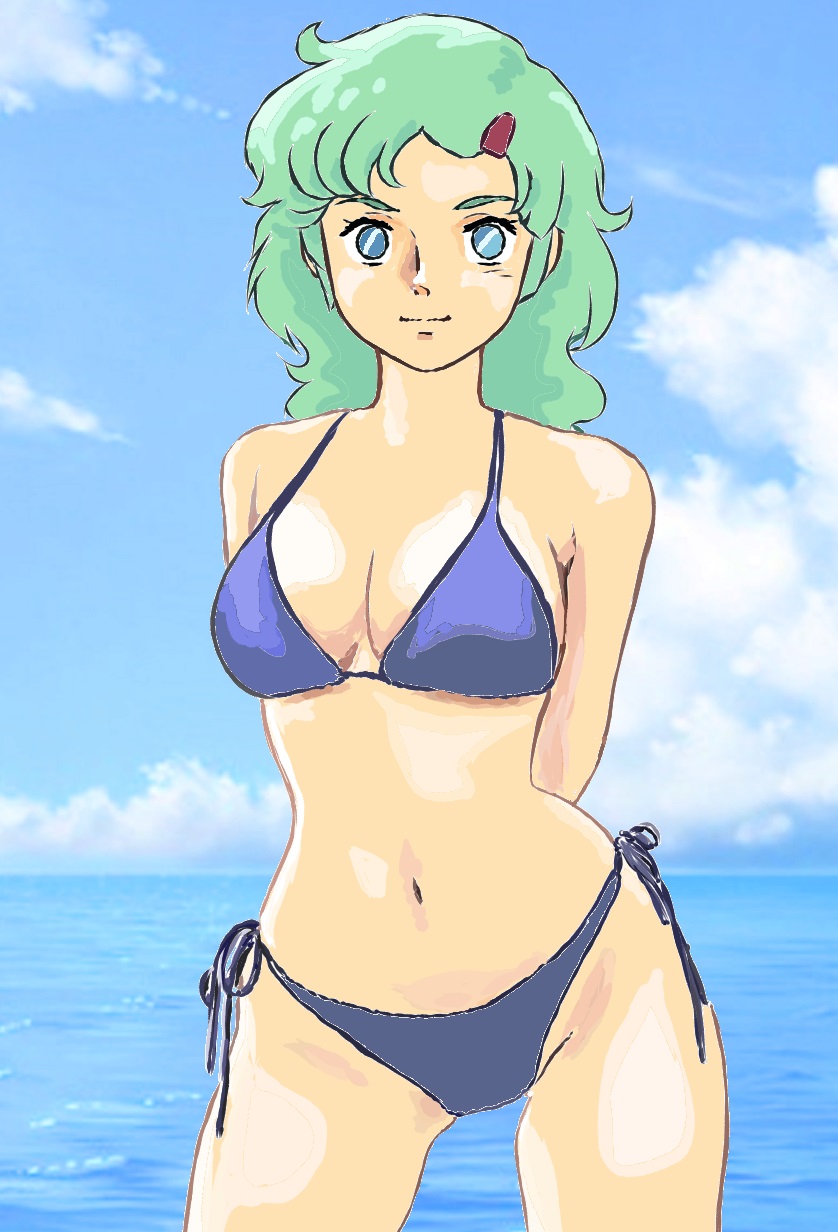 1girl aqua_hair arms_behind_back bare_shoulders bikini blue_bikini blue_eyes blue_sky breasts cleavage closed_mouth cloud cowboy_shot day elchi_cargo hair_ornament hairclip highres legs_apart long_hair looking_at_viewer medium_breasts mizumori_keiichi navel no_pupils ocean sentou_mecha_xabungle side-tie_bikini_bottom sky smile solo split_mouth standing swimsuit water