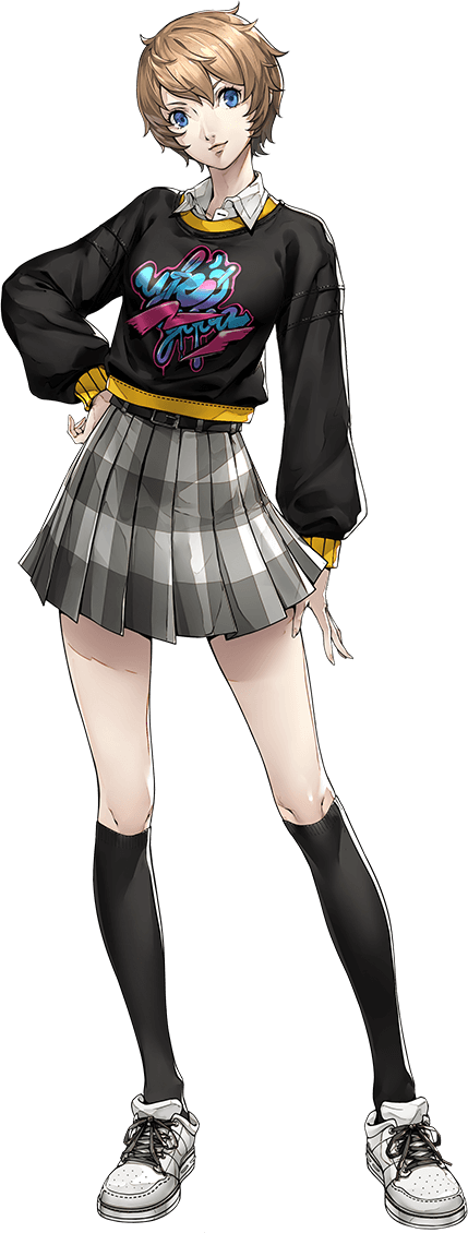 1girl arai_motoha belt black_shirt blue_eyes breasts closed_mouth full_body grey_skirt kneehighs light_brown_hair long_sleeves looking_at_viewer persona persona_5 persona_5:_the_phantom_x plaid_clothes plaid_skirt pleated_skirt shirt shoes short_hair skirt small_breasts smile sneakers socks solo standing white_shoes