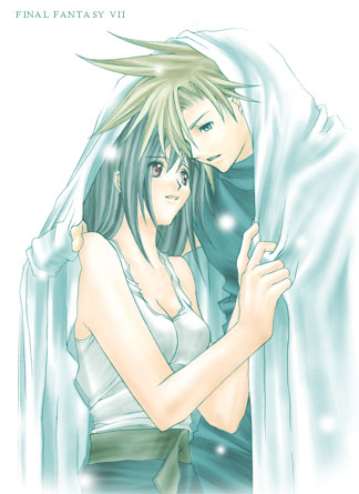 alternate_costume arm_around_shoulder black_hair black_shirt blonde_hair blue_eyes breasts cleavage cloud_strife copyright_name couple final_fantasy final_fantasy_vii hands_up hetero hug leaning_forward long_hair lowres parted_lips red_eyes rendezvous shirt short_hair spiked_hair third-party_source tifa_lockhart upper_body white_shirt