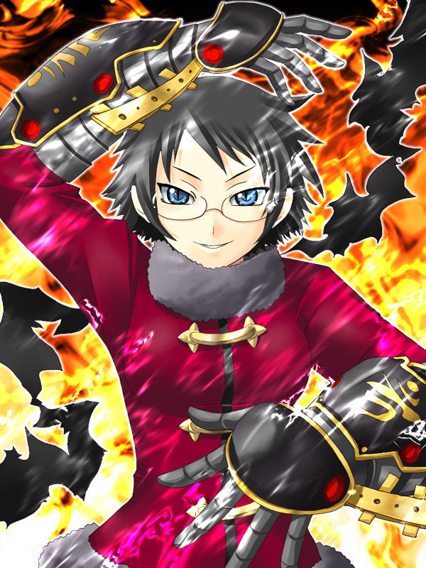 alchemist alchemist_(sekaiju) alchemist_2_(sekaiju) atlus black_hair etrian_odyssey fire glasses scarf solo yaso_shigeru