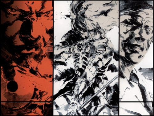 3boys gun h&amp;k_mark_23 heckler_&amp;_koch high-frequency_blade jacket kac_mk23_suppressor knight&#039;s_armament_company lowres male_focus match_grade match_grade_firearm match_grade_pistol metal_gear_(series) metal_gear_solid metal_gear_solid_2:_sons_of_liberty multiple_boys offensive_handgun official_art raiden_(metal_gear) roy_campbell shinkawa_youji solid_snake suit_jacket suppressor sword weapon