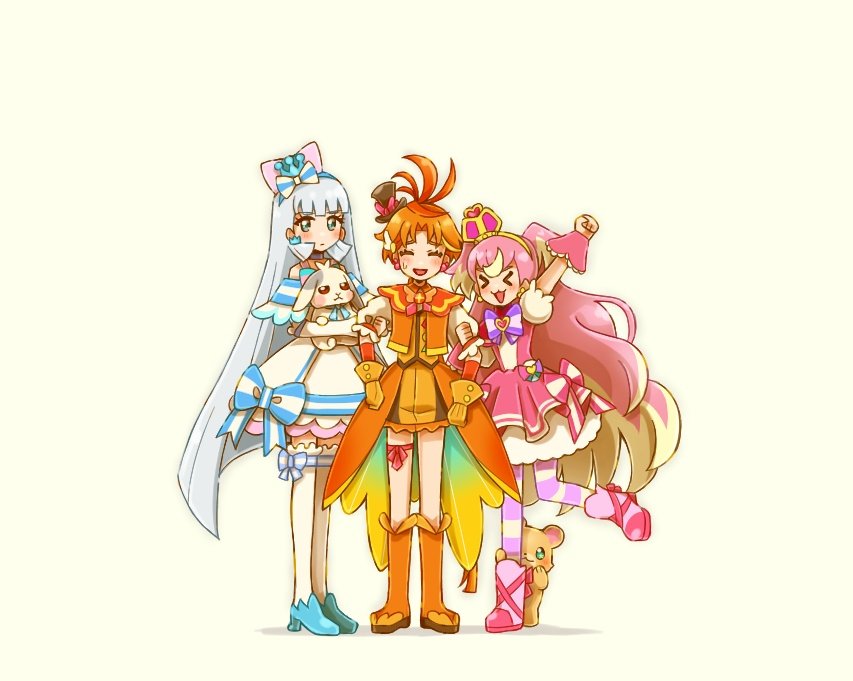 1boy 2girls ahoge animal antenna_hair aqua_shoes arm_up arm_warmers blonde_hair blunt_bangs boots bow bowtie cropped_jacket crown crown_earrings cure_nyammy cure_wing cure_wonderful dress earrings full_body gloves hair_bow hairband hat hirogaru_sky!_precure holding holding_animal holding_another&#039;s_arm in-franchise_crossover inukai_komugi jacket jewelry knee_boots long_hair magical_boy magical_girl mahou_girls_precure! mini_crown mini_hat mofurun_(mahou_girls_precure!) multicolored_hair multiple_girls nekoyashiki_yuki off-shoulder_dress off_shoulder orange_boots orange_gloves orange_hair orange_jacket orange_shorts orange_vest pantyhose pink_dress pink_hair pleated_dress precure puffy_short_sleeves puffy_sleeves purple_bow purple_bowtie rabbit shirt shoes short_hair short_sleeves shorts simple_background skirt skirt_under_dress standing straight_hair striped_bow striped_bowtie striped_clothes striped_pantyhose thigh_strap thighhighs toyama_daifuku two-tone_hair two_side_up very_long_hair vest white_background white_dress white_hair white_shirt white_skirt white_thighhighs wonderful_precure! wrist_cuffs yuu13 yuunagi_tsubasa