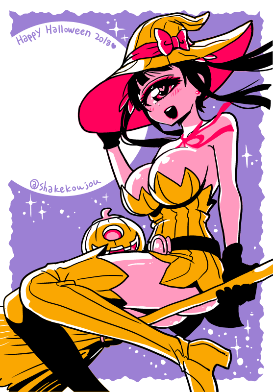 1girl 2018 :d bare_shoulders belt black_gloves blush boots bow breasts broom broom_riding cyclops dress earrings english_text female_focus flying gloves halloween happy_halloween hat hat_bow heart heart-shaped_pupils hitomi_sensei_no_hokenshitsu jewelry knee_boots knees_together_feet_apart large_breasts lipstick looking_at_viewer makeup manaka_hitomi neck_ribbon one-eyed open_mouth red_lips red_ribbon ribbon shake-o short_dress sitting smile solo symbol-shaped_pupils twitter_username witch witch_hat yellow_boots