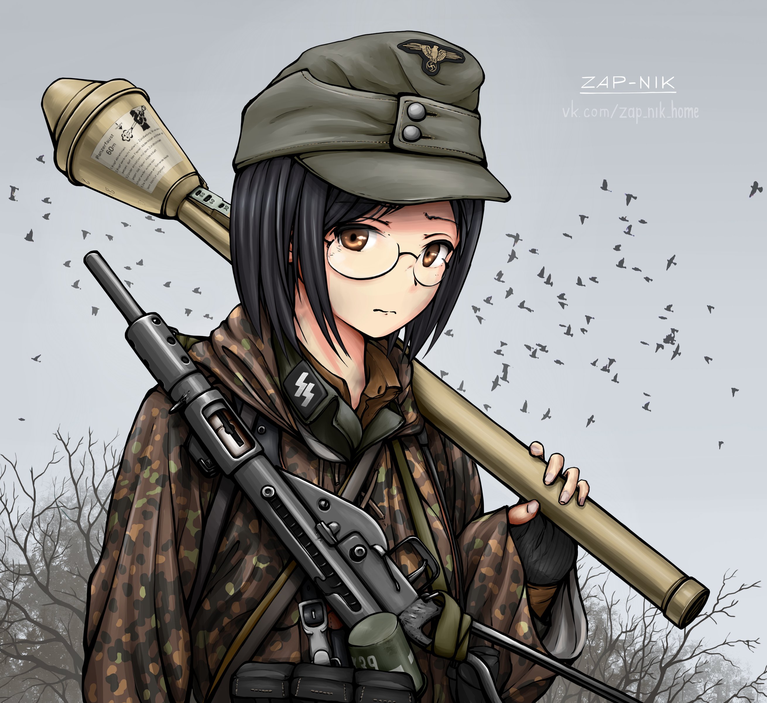 1girl absurdres black_hair brown_eyes camouflage collared_jacket commentary explosive female_focus field_cap german_commentary germany glasses grenade grey_hat gun hand_grenade hat high-explosive_anti-tank_(warhead) highres jacket looking_at_viewer man-portable_anti-tank_systems military military_hat military_jacket nazi original outdoors panzerfaust reichsadler rocket_launcher shaped_charge short_hair soldier solo ss_insignia sten_gun stick_grenade stielhandgranate submachine_gun watermark weapon weapon_request web_address world_war_ii zap-nik