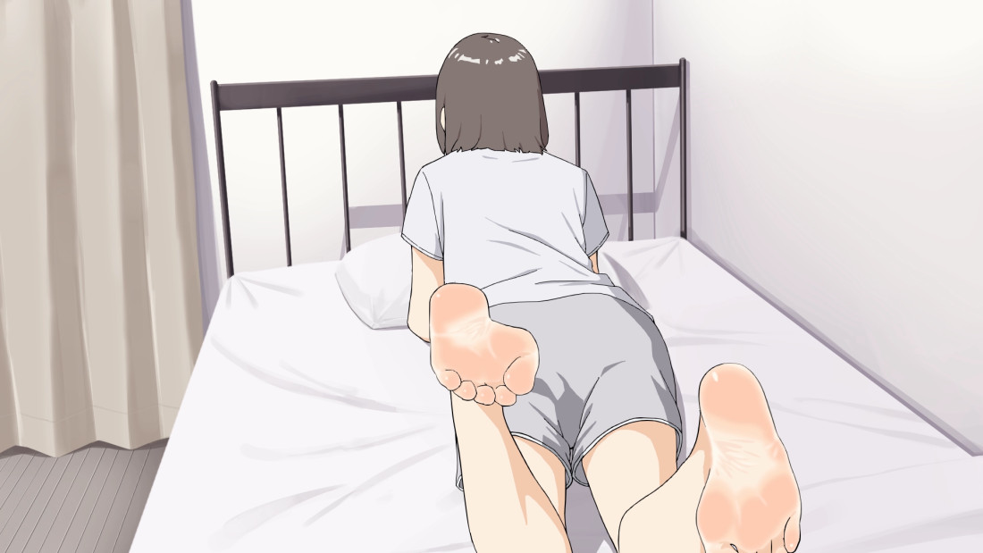 1girl animated animated_png barefoot brown_eyes brown_hair feet looking_at_viewer lying maburoku medium_hair on_bed on_stomach shirt shorts soles t-shirt toes