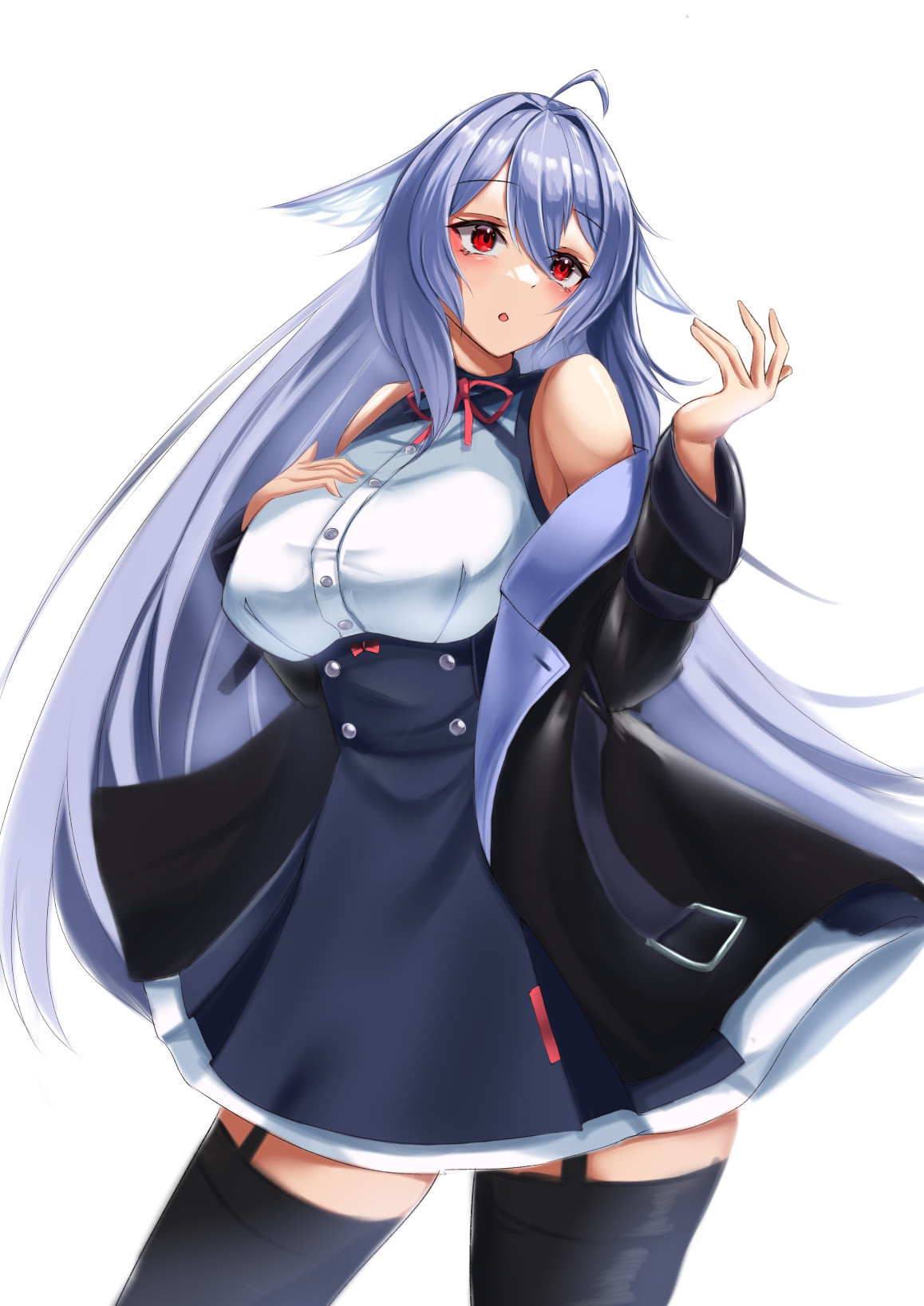 1girl ahi876ma ahoge bare_shoulders black_jacket black_thighhighs blue_hair blush breasts garter_straps hand_on_own_chest high-waist_skirt highres jacket kikyo_(vrchat) large_breasts long_hair off_shoulder open_clothes open_mouth purple_hair red_eyes shirt simple_background skirt sleeveless solo thighhighs very_long_hair vrchat white_background white_shirt