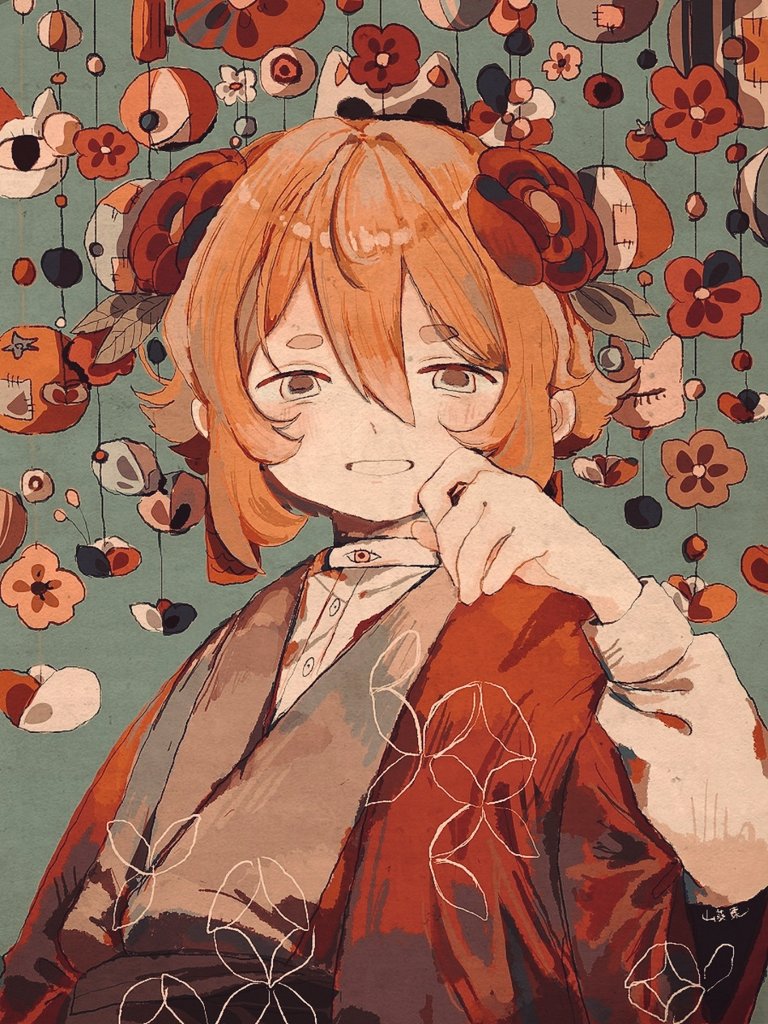 1other androgynous aqua_background double-parted_bangs flat_chest flipped_hair flower grey_kimono grin hair_between_eyes hair_flower hair_ornament hand_on_own_chin hand_up happy jacket japanese_clothes kimono leaf_hair_ornament leaning_back long_sleeves looking_at_viewer looking_to_the_side open_clothes open_jacket orange_hair original other_focus pansy red_flower red_jacket red_pansy shirt sidelocks signature smile string upper_body wasabi_natsume white_eyes white_shirt white_sleeves yellow_flower yellow_pansy