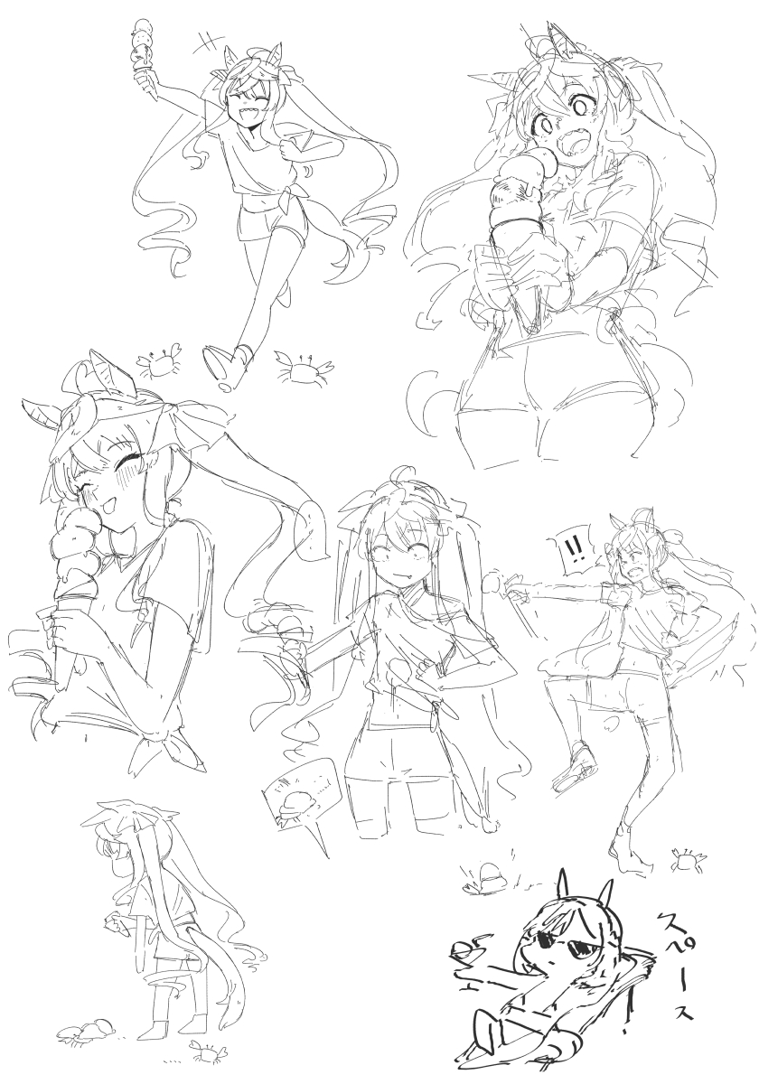 ! !! +++ 2girls ahoge animal_ears blush bow closed_eyes crab food food_on_clothes greyscale hair_bow hand_up highres holding holding_ice_cream_cone horse_ears horse_girl horse_tail ice_cream ice_cream_cone ice_cream_cone_spill kakuanko long_hair monochrome multiple_girls multiple_views open_mouth sharp_teeth shirt short_sleeves shorts sketch smile special_week_(umamusume) tail teeth tied_shirt twin_turbo_(umamusume) twintails umamusume very_long_hair white_background