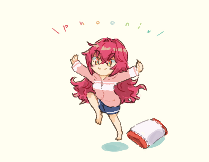 1girl alternate_costume barefoot character_name full_body kantai_collection long_hair outstretched_arms phoenix_(kancolle) pillow pink_background red_eyes red_hair saiguchi_otoufu simple_background sleepwear smile solo thick_eyebrows