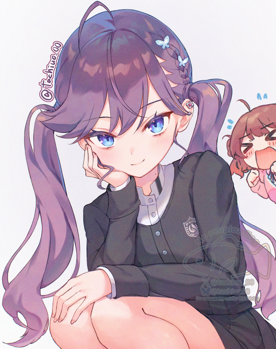 &gt;_&lt; 2girls ahoge bags_under_eyes bare_legs black_jacket black_skirt blush braid butterfly_hair_ornament commentary_request ear_piercing feet_out_of_frame flying_sweatdrops gakuen_idolmaster gokugetsu_academy_school_uniform hair_ornament hanami_ume hand_on_own_cheek hand_on_own_face hand_on_own_knee hatsuboshi_gakuen_school_uniform idolmaster jacket kaya_rinha long_hair miyanome multiple_girls piercing purple_hair school_uniform shirt simple_background skirt smile squatting twintails twitter_username very_long_hair white_background white_shirt