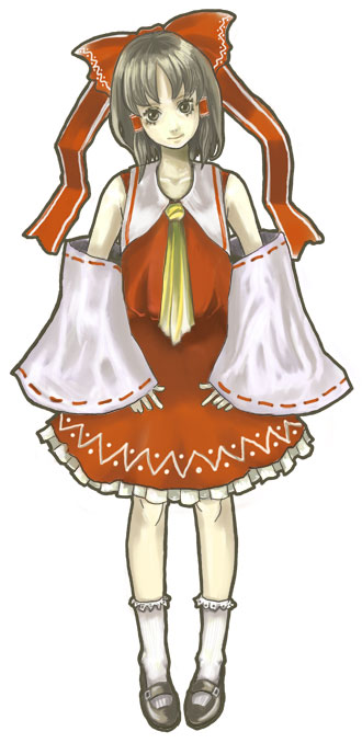 1girl ascot brown_eyes brown_hair detached_sleeves female_focus full_body hair_ribbon hair_tubes hakurei_reimu head_tilt japanese_clothes mary_janes miko ribbon ribbon_trim ryu_(gaquarium) shoes socks solo standing touhou white_background white_socks
