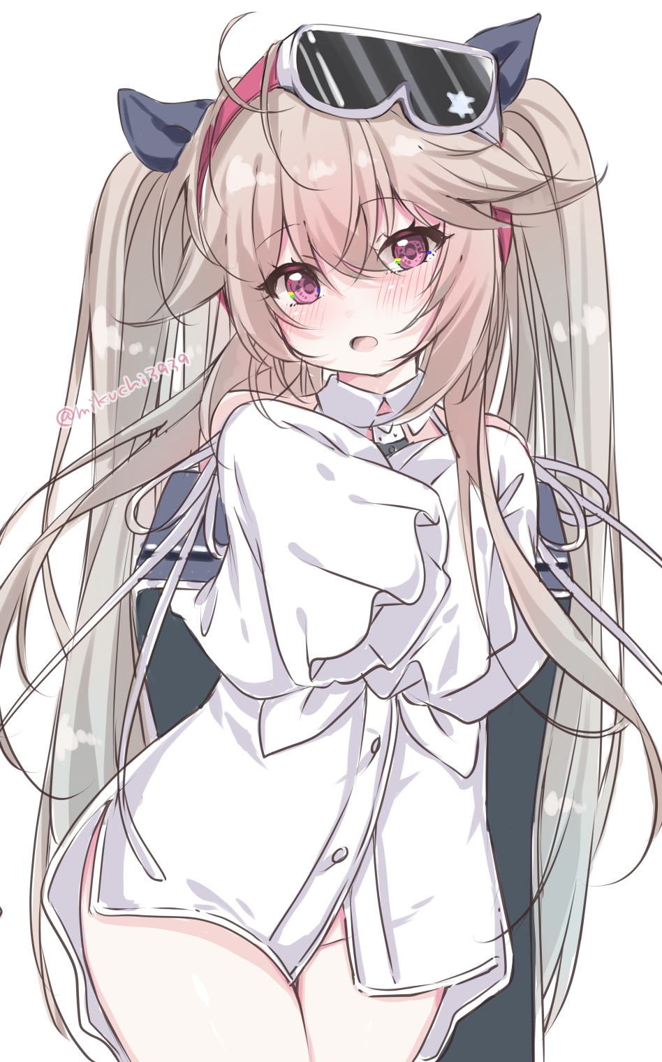 1girl aged_down azur_lane blue_ribbon blush brown_hair goggles goggles_on_head hair_ribbon hands_up highres little_anchorage_(azur_lane) long_hair looking_at_viewer mikuchi3939 parted_lips pink_eyes ribbon shirt simple_background sleeves_past_fingers sleeves_past_wrists solo twintails very_long_hair white_background white_shirt