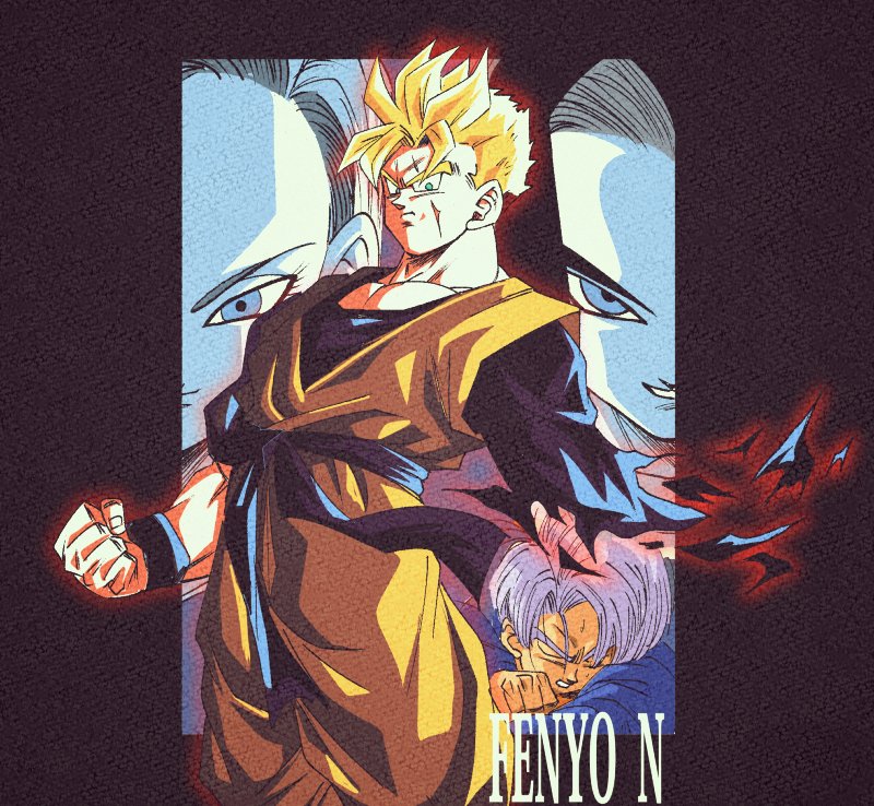 1girl 3boys android_17 android_18 dragon_ball fenyon looking_at_viewer multiple_boys muscular muscular_male scar scar_on_face serious son_gohan_(future) super_saiyan toriyama_akira_(style) trunks_(dragon_ball) trunks_(future)_(dragon_ball)