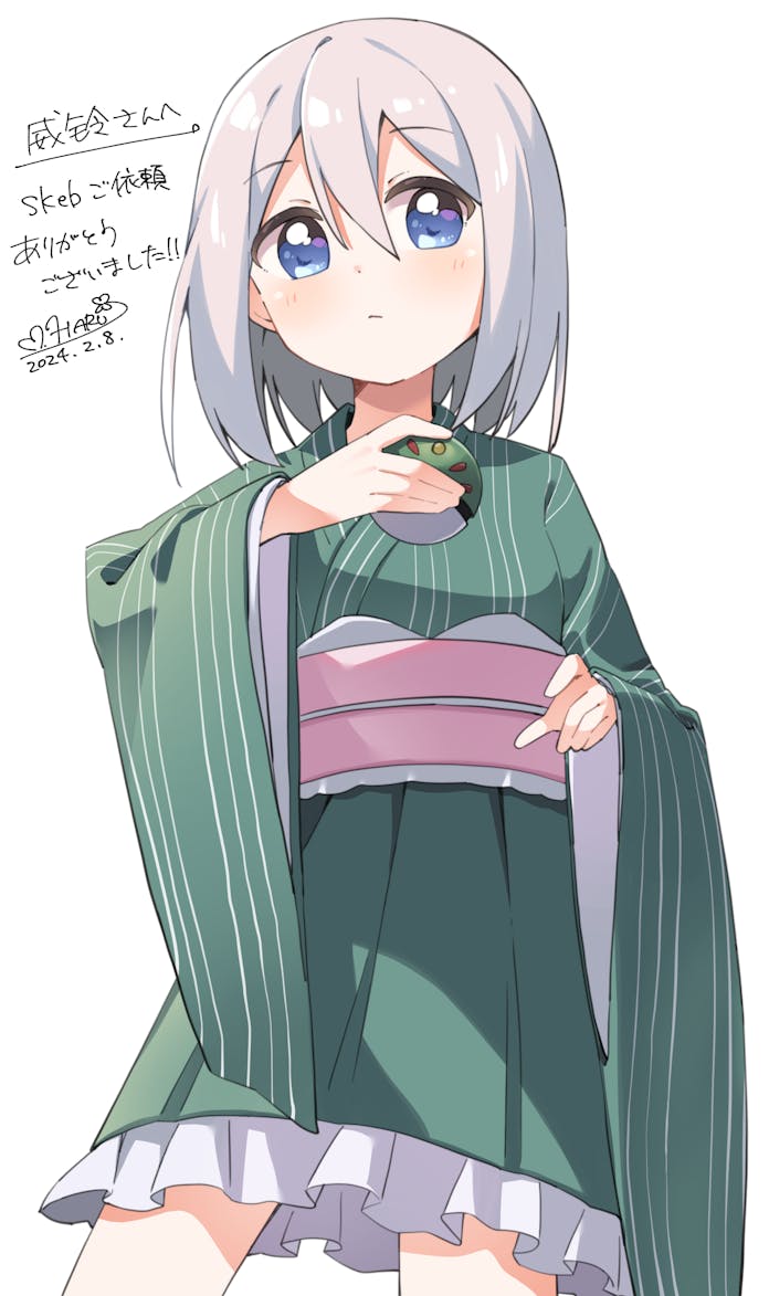 1girl blue_eyes blush closed_mouth commentary_request commission cowboy_shot dated friend_ball frilled_kimono frills green_kimono grey_hair hair_between_eyes haru_(konomi_150) holding japanese_clothes kimono long_sleeves looking_at_viewer nintendo obi original pink_sash poke_ball pokemon sash short_hair signature simple_background skeb_commission solo white_background wide_sleeves