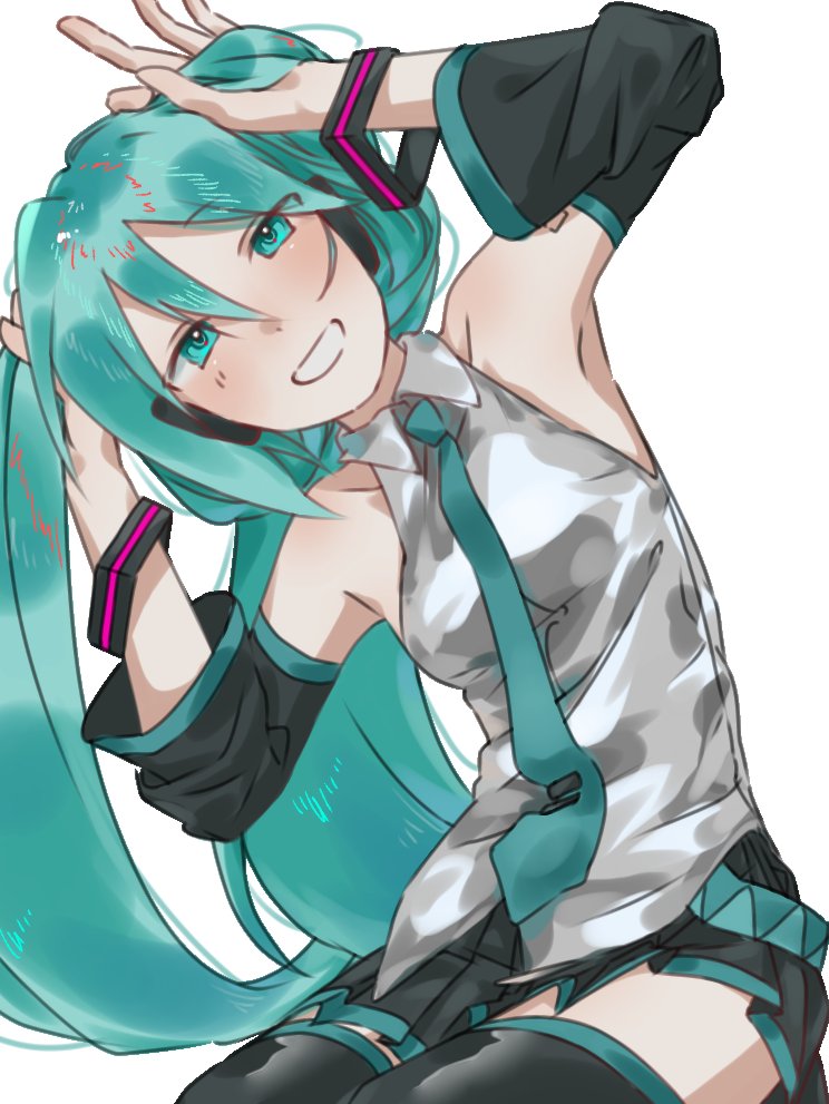 1girl aqua_hair aqua_necktie armpits bare_shoulders black_boots black_skirt boots detached_sleeves grey_shirt hair_between_eyes hands_in_own_hair hashtag-only_commentary hatsune_miku long_hair looking_at_viewer mgx_xpm miniskirt necktie shirt simple_background sitting skirt sleeveless sleeveless_shirt smile solo thigh_boots twintails vocaloid white_background