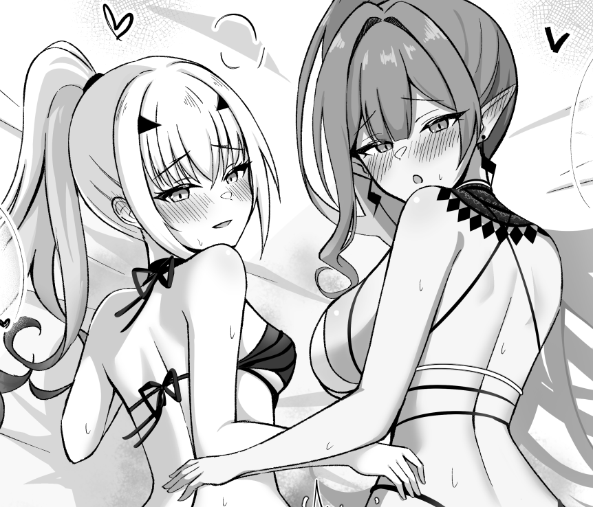 2girls back baobhan_sith_(fate) baobhan_sith_(swimsuit_pretender)_(third_ascension)_(fate) bare_shoulders bikini blush breasts ear_blush earrings forked_eyebrows greyscale jewelry large_breasts long_hair looking_at_viewer looking_back lying melusine_(fate) melusine_(swimsuit_ruler)_(fate) melusine_(swimsuit_ruler)_(first_ascension)_(fate) mikisarara monochrome multiple_girls on_stomach open_mouth pointy_ears ponytail small_breasts swimsuit