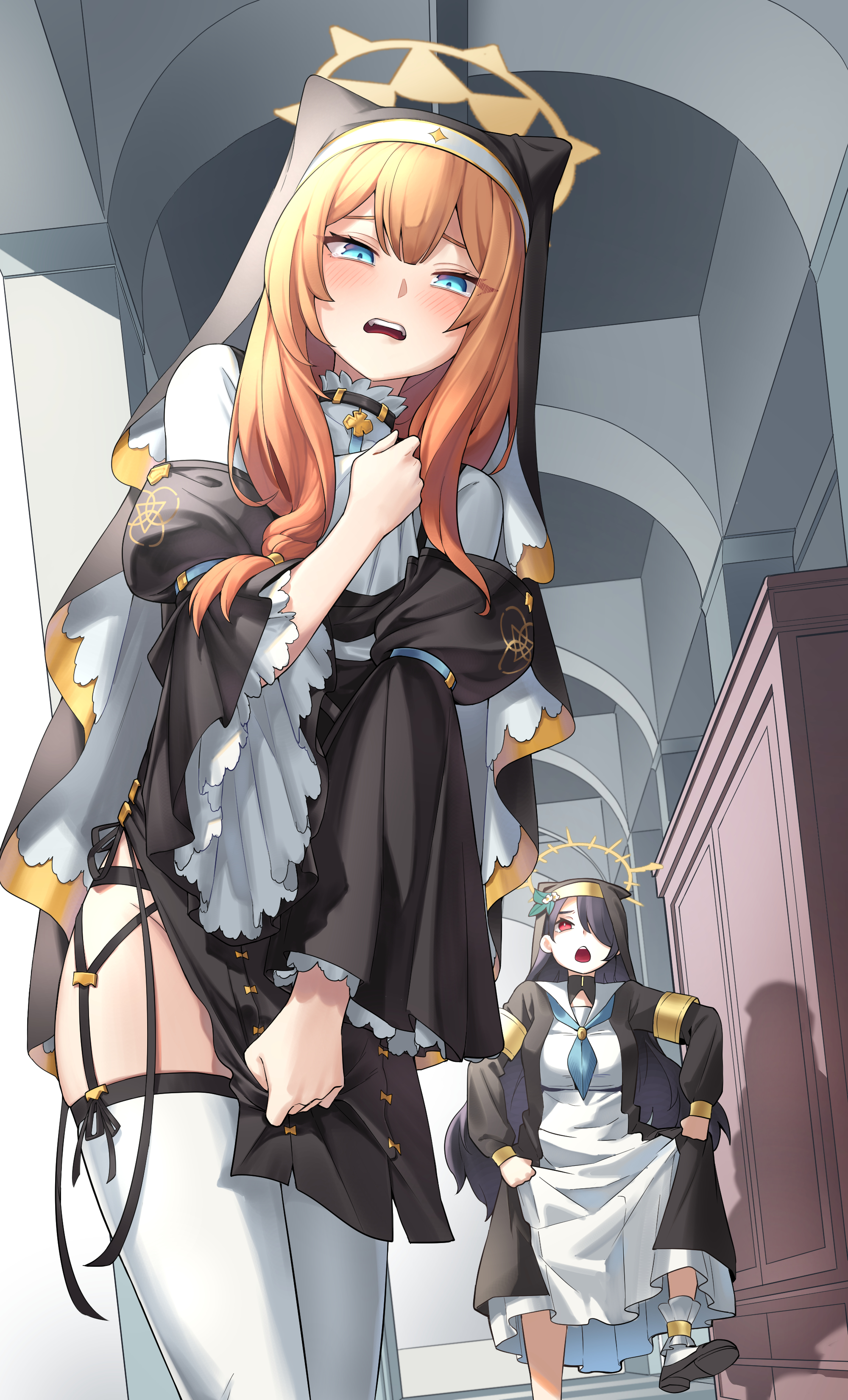 2girls absurdres animal_ear_headwear armband black_dress black_footwear black_hair blue_archive blue_eyes choker cosplay costume_switch detached_sleeves dress embarrassed fake_animal_ears frilled_sleeves frills garter_straps gold_trim habit hair_over_one_eye hallway halo hand_up highres hinata_(blue_archive) indoors looking_at_viewer mari_(blue_archive) multiple_girls necktie nun open_mouth orange_hair police_riot_(artist) red_eyes shadow shelf skirt skirt_hold skirt_tug socks tearing_up teeth thighhighs upper_teeth_only white_dress white_socks white_thighhighs wide_sleeves