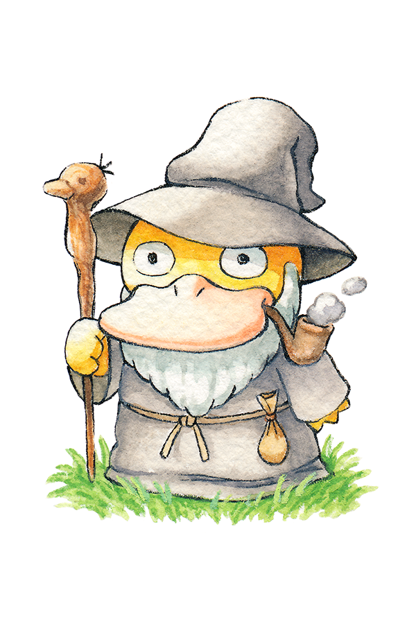 beak beard bird clothed_pokemon cosplay facial_hair fake_beard fake_facial_hair feathers full_body gandalf gandalf_(cosplay) gen_1_pokemon grass grey_hat grey_robe hat holding holding_staff long_beard mage_staff nintendo oliver_hamlin pokemon pokemon_(creature) pokemon_focus psyduck robe sack simple_background smoke smoking smoking_pipe solo staff standing the_lord_of_the_rings tolkien&#039;s_legendarium white_background white_beard white_hair wizard_hat yellow_feathers